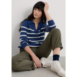 Clearance Seasalt Cornwall Barbizan Long Sleeve Collared Jumper Veneer Washed Marine Chalk