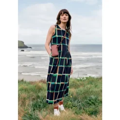 New Seasalt Cornwall Brouse Sleeveless Dress in GOTS-Certified Organic Cotton Window Panes Maritime