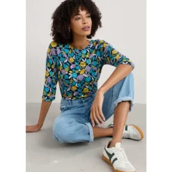 Clearance Seasalt Cornwall Easel 3/4 Sleeve Top in GOTS-Certified Organic Cotton Jersey Zennor Blooms Maritime