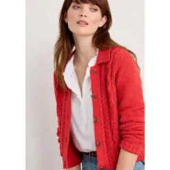Best Seasalt Cornwall Forest Ridge Cable Knit Collared Cardigan Tomato