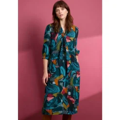 New Seasalt Cornwall Harbour Cove Printed Tie Neck Midi Dress Lelant Abstract Mix