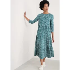 Best Seasalt Cornwall Line Strokes Tiered Dress in GOTS-Certified Organic Cotton Jersey Painterly Leaf Lake