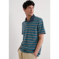 Hot Seasalt Cornwall Men's Ballan Stripe Polo in GOTS-Certified Organic Cotton Jersey Duet Mini Cornish Squid Ink Azurite