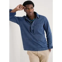 Sale Seasalt Cornwall Men's Hawser Denim Overshirt Dark Mid Indigo Wash