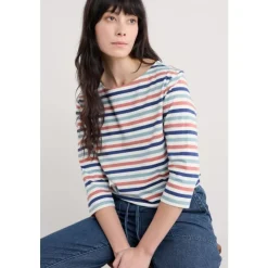 Fashion Seasalt Cornwall Sailor 3/4 Sleeve Top in GOTS-Certified Organic Cotton Jersey Tri Mini Cornish Chalk Rose Dew