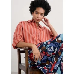 Fashion Seasalt Cornwall Sea Path Organic Cotton Shirt Scallion Stripe Dark Cinnamon